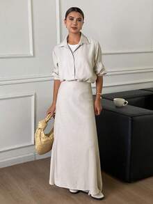 Livesso 女式全白衬衫上衣和宽松短裙两件套 - 杏色 - 查看 5