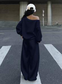 Muchica 2 件套女士纽约印花超大露肩宽松卫衣和阔腿羊毛裤套装，适合秋冬季 - 藏蓝色 - 查看 2