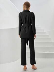 SHEIN Cottnline Lapel Neck Belted Blazer & Pants - Black - View 2