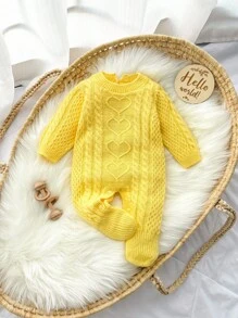 SHEIN 新生儿时尚可爱百搭针织毛衣连体衣爬行服户外穿着 - 黃色 - 查看 1