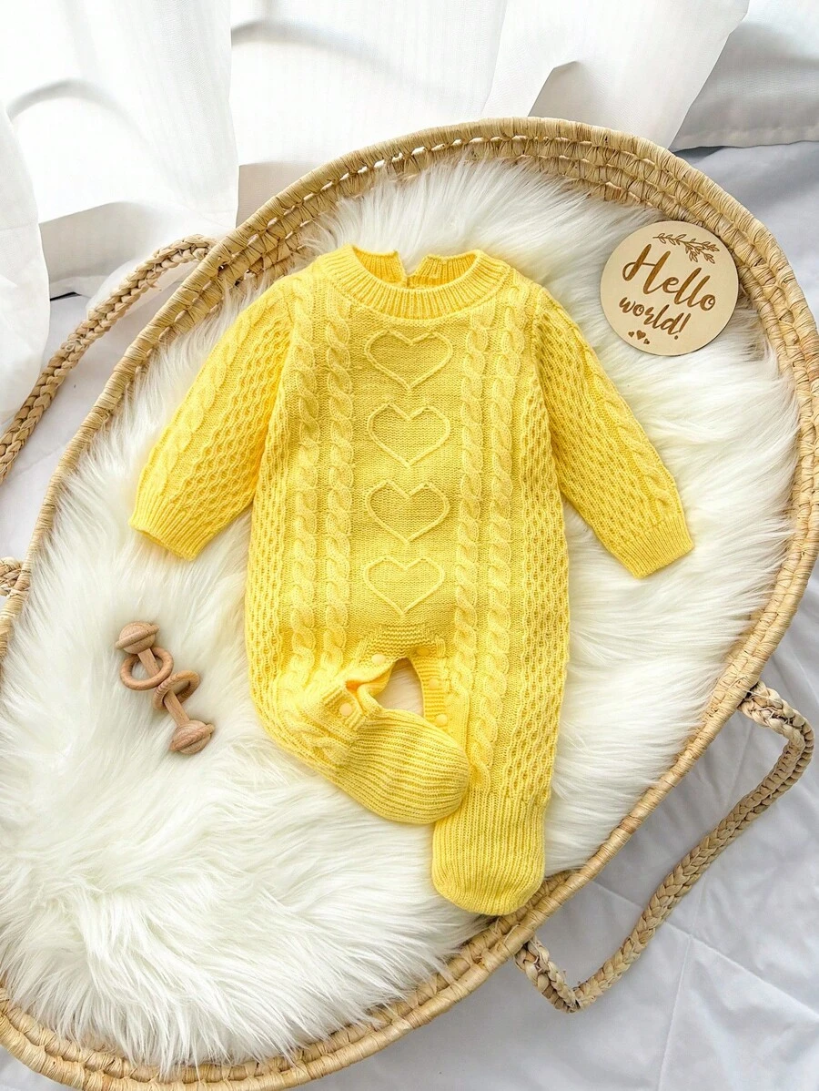 SHEIN 新生儿时尚可爱百搭针织毛衣连体衣爬行服户外穿着 - 黃色 - 查看 1