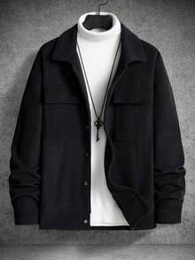 Manfinity Homme 宽松男士长袖翻盖口袋落肩灯芯绒保暖内衬夹克，黑色灯芯绒夹克，街头风，秋冬款 - 黑色 - 查看 5