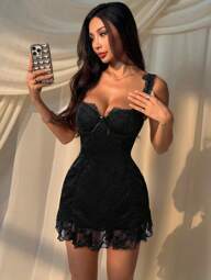 SHEIN EZwear Women's Floral Black Lace Bow Decor Bodycon Sleeveless Mini Dress,Black Dresses Classy Elegant,Party Dress