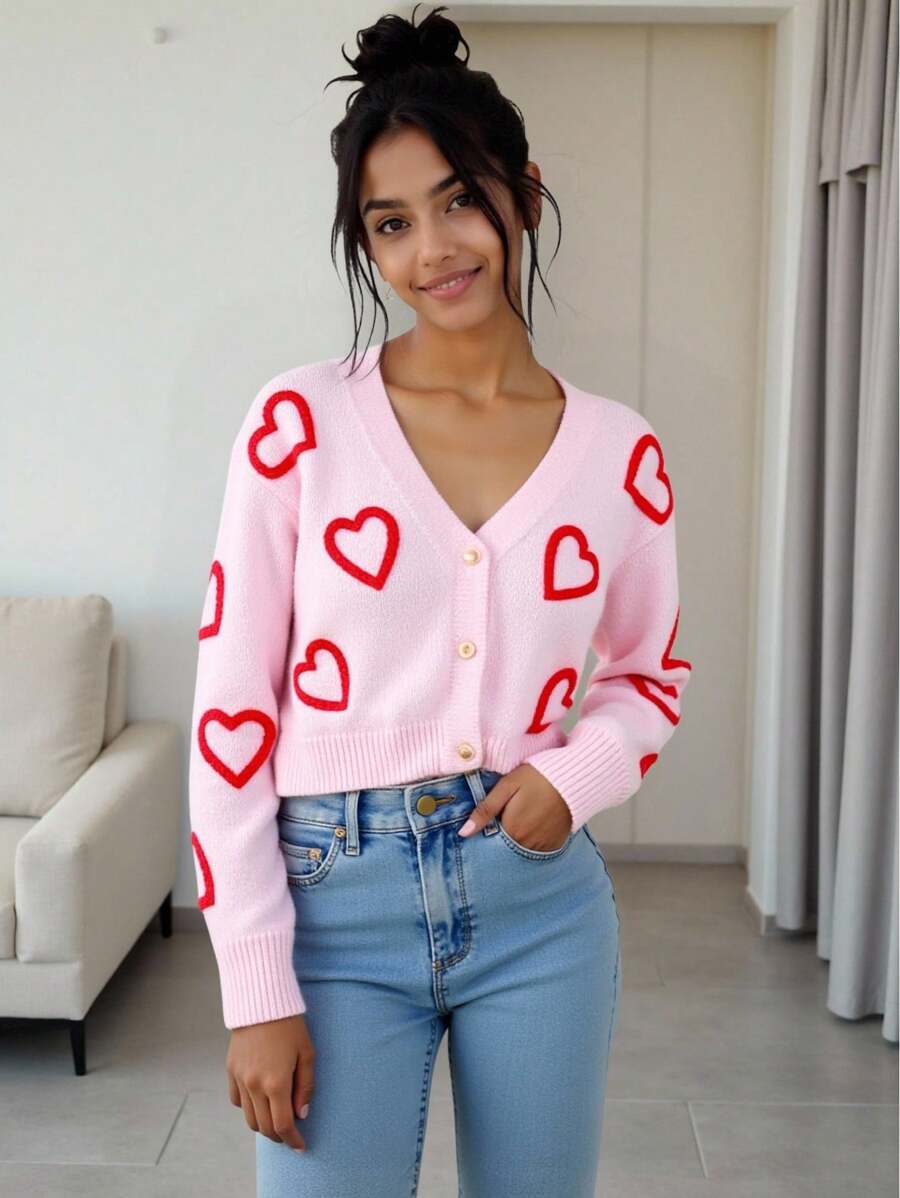 SHEIN Tween Girls' Pink Short Soft Cardigan, Heart Pattern, Suitable For Outdoor Wear, Autumn/Winter - Pink - View 1