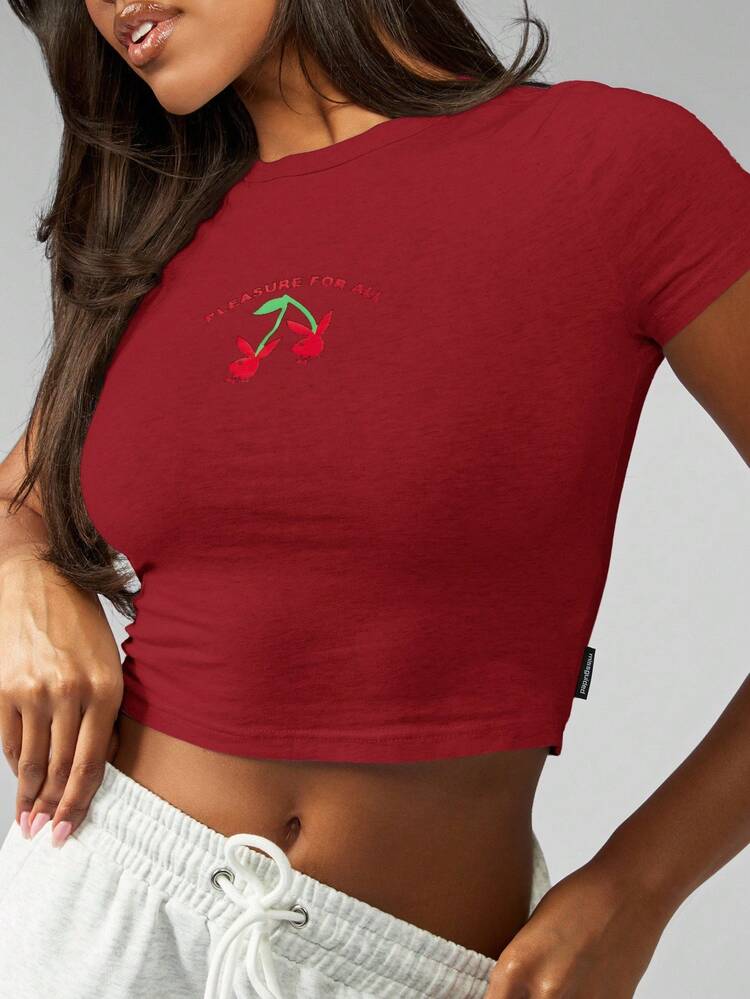 Missguided x Playboy Baby Tee Crop Top With Cherry Embroidery Design