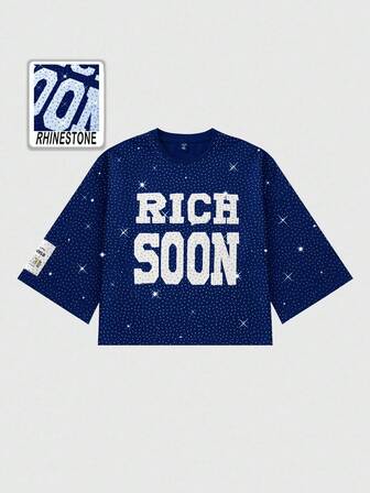 Street Life T-shirt pour hommes avec broderie de strass, manches 3/4, pour l'automne, style années 2000