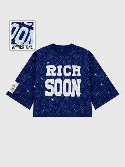 Street Life T-shirt pour hommes avec broderie de strass, manches 3/4, pour l'automne, style années 2000