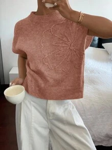 Siren Gaze Women's Floral Pattern Round Neck Short Sleeve Casual Knit Top,Knitted Sweater - Dusty Pink - View 1