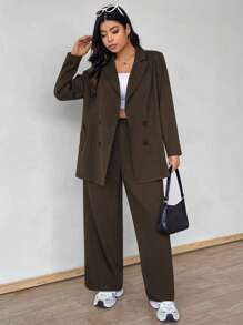Vionelle Plus Size Women Solid Color Lapel NeckLong Sleeve Double-Breasted Jacket And Pants Casual Suit Set Fall Cloth For Women Autumn