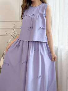 SHEIN Teen Girl Bow Decor Camisole & Mini Skirt Set - Violet Purple - View 3