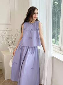 SHEIN Teen Girl Bow Decor Camisole & Mini Skirt Set - Violet Purple - View 4