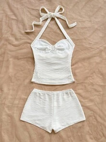 Soleia 女式度假针织纹理 V 领花卉金属装饰露背短款上衣和超短裤两件套，适合派对、圣诞节、约会之夜、夜总会、海滩、游轮、下午茶、波西米亚风、波西米亚风、度假、秋季 - 白色 - 查看 2