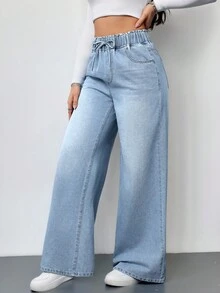 SHEIN PETITE 女士蓝色牛仔裤夏季阔腿裤舒适松紧腰带口袋夏季休闲装 - 淺色水洗藍 - 查看 4