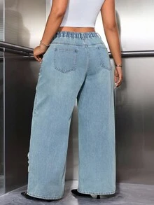 Jeanoix Quần jean ống rộng rộng rãi, thoải mái, sờn rách, đính đá Rhinestone cỡ lớn - Màu xanh lam - Xem 2