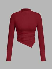 SHEIN SXY Bộ 2 áo thun tay dài cổ bẻ viền bất đối xứng, màu đen và đỏ - Màu Đỏ Sâu - Xem 8