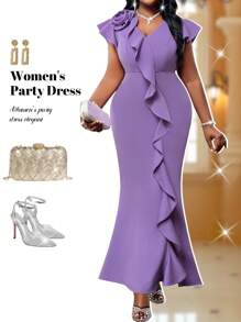 Fleurora 2025新款服装春夏秋冬针织V领紫色立体花形荷叶袖收腰长款鱼尾连衣裙大码连衣裙结婚宾客礼服女 - 紫色 - 查看 3