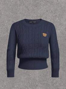 SHEIN EZwear Plus Size Casual Minimalist Long Sleeve Cable Twist Knit Navy Blue Bear Pullover Sweater In Fall/Winter - Navy Blue - View 1