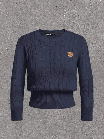 SHEIN EZwear Plus Size Casual Minimalist Long Sleeve Cable Twist Knit Navy Blue Bear Pullover Sweater In Fall/Winter