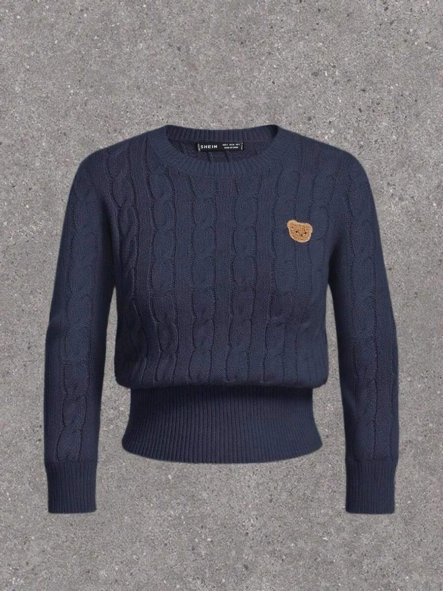 SHEIN EZwear Plus Size Casual Minimalist Long Sleeve Cable Twist Knit Navy Blue Bear Pullover Sweater In Fall/Winter - Navy Blue - View 1
