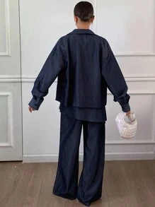 Livesso 女士休闲都市风宽松衬衫牛仔裤两件套，秋冬家居服套装 - 藏蓝色 - 查看 2