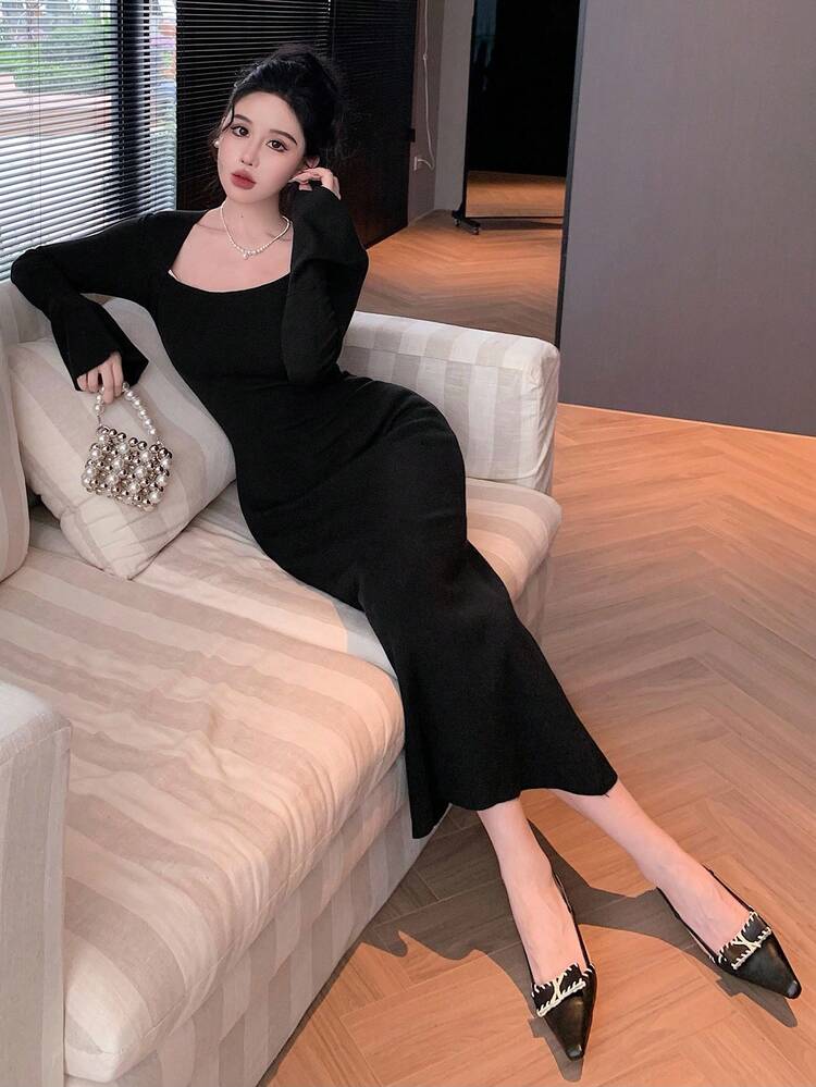 Women's Solid Color Long Sleeve Fitted Sweater Dress, Suitable For Banquet In Autumn/Winter Prom Dress