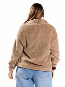 Solavibe Sudadera con media cremallera, bolsillos y manga larga de unicolor para talla grande, para invierno - Camel - Ver 3