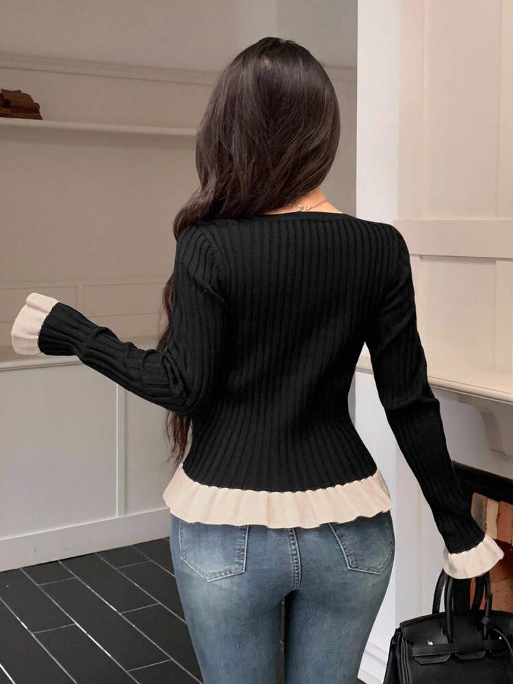 Women's Elegant Colorblock V-Neck Cardigan, Autumn