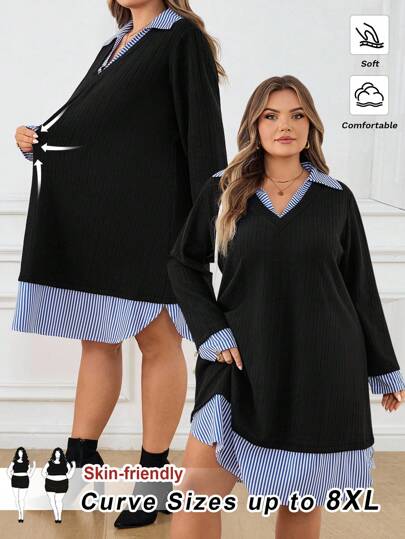 SHEIN CURVE+ 蓝白罗纹撞色针织罗纹休闲百搭直筒衬衫领连衣裙女装秋季女装、冬季、CURVE PLUS/秋冬