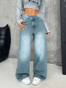 EURMUSE Women's Thick Denim Jeans, Oblique Placket, Loose Wide-Leg Pants, Blue - Light Wash - View 7