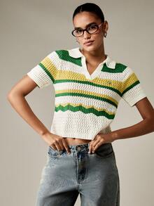 MISSGUIDED Retro Crochet Knit Polo Top Vintage Inspired Cropped Length Striped Pattern Collared Summer Spring Fashion Y2K Style