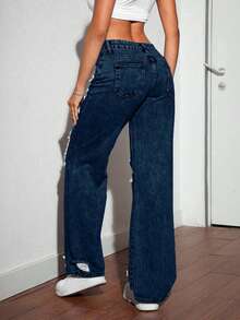 SHEIN Tall 女式深色做旧时尚牛仔裤 - 中等水洗藍 - 查看 2