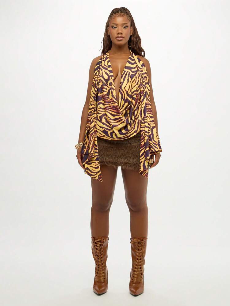 SUMWON WOMEN Tiger Print Cowl Neck Halter Top With Bell Sleeves