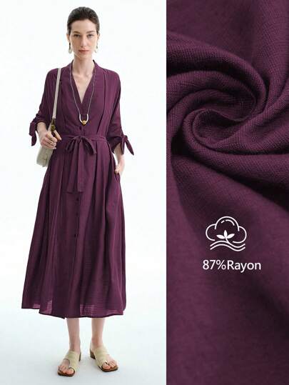 Aalyst Vestido de lino con nudo de bambú individual para mujer, primavera/verano, elegante con cuello en V y abotonado, corte holgado, cintura con lazo, hombros plisados, vestido largo, adecuado para vacaciones y oficina