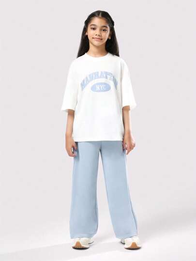 SUMWON Conjunto de camiseta y pantalones anchos con logo de universidad de Manhattan NYC para preadolescentes, ropa a juego de dos piezas para usar con comodidad