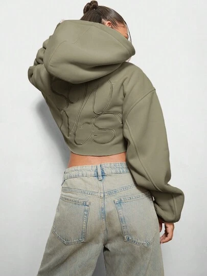 SUMWON WOMEN Oversized Cropped Embroidered Letter Detail Hoodie Casual Lounge Fall Winter Urban Street Style Raw Hem Long Sleeve Zip Free Pullover Sweatshirt