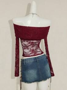 SHEIN ICON 女式酒红色蕾丝露肩性感紧身长袖半透明衬衫 - 酒紅色 - 查看 2