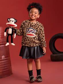 Paul Frank X SHEIN 年轻女孩休闲豹纹刺绣宽松落肩羊毛衫，棕色，秋冬 - 巧克力棕 - 查看 6