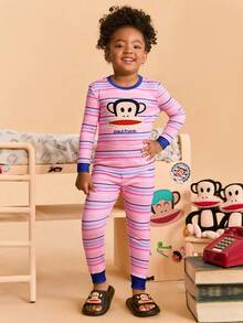 Paul Frank X SHEIN 2 件套少女条纹印花圆领长袖上衣和裤子休闲舒适睡衣套装 - 粉色 - 查看 8