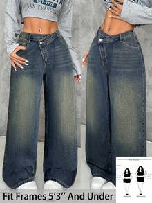 SHEIN PETITE CURVE Calça jeans feminina plus size, cintura assimétrica, vintage, azul, solta, reta - Lavagem escura - Ver 1