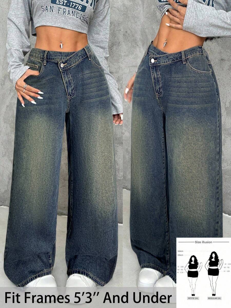 SHEIN PETITE CURVE Calça jeans feminina plus size, cintura assimétrica, vintage, azul, solta, reta - Lavagem escura - Ver 1