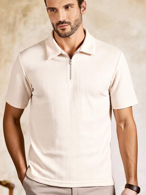 HIMLAND Men's Casual Knit Loose Half-Placket Short Sleeve Polo Shirt Cream Shirt Men Polo Shirts For Men Collar Knitted Shirt For Men Summer Wear For Men Mens Cream Polo