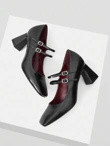 Mnmlis 优雅黑色 PU 双带方头粗跟高跟鞋 - 黑色 - 查看 5