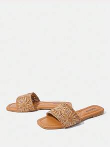 Styleloop Women's Flat Woven Sandals, Bohemian Style For Vacation Outfits - Camel - View 3