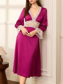 Moireta Camisola Elegante, Madura e Sexy de Renda Francesa para Mulheres, Outono - Rosa chiclete - Visão 3