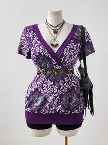 Sunspun 大码女式春夏短袖撞色图腾印花优雅复古休闲度假A字T恤 - 紫色 - 查看 4