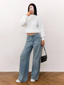 SHEIN Tall Suéter casual de mujer de unicolor con mangas farol, suéter acanalado blanco para otoño/invierno - Blanco - Ver 10
