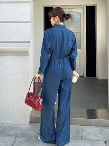 SHEIN Unity 女式秋季深牛仔蓝休闲通勤抽绳腰牛仔连体裤，秋季女装，外出服，商务休闲女装 - 中等水洗藍 - 查看 4