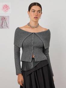 COUREZ Off The Shoulder Button Front Rib Knit Jumper /Y2K Going Out Outfits  Women Clothes  Clothes Cute Spring Sexy Going Out Tops - Dark Grey - View 4