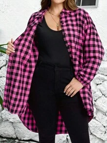 EMERY ROSE Chaqueta de manga larga con estampado de cuadros holgada y casual para mujer de talla grande, para uso diario en otoño e invierno - Rosa Fucsia - Ver 5
