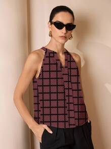 Shutterstock Glamance Lässige, locker sitzende Bluse mit Off-Shoulder Ausschnitt für Damen, geeignet für den täglichen Gebrauch, kariertes Damen-Oberteil, bedrucktes Oberteil, ärmelloses Oberteil, V-Ausschnitt-Oberteil